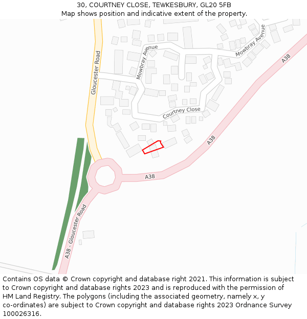 30, COURTNEY CLOSE, TEWKESBURY, GL20 5FB: Location map and indicative extent of plot