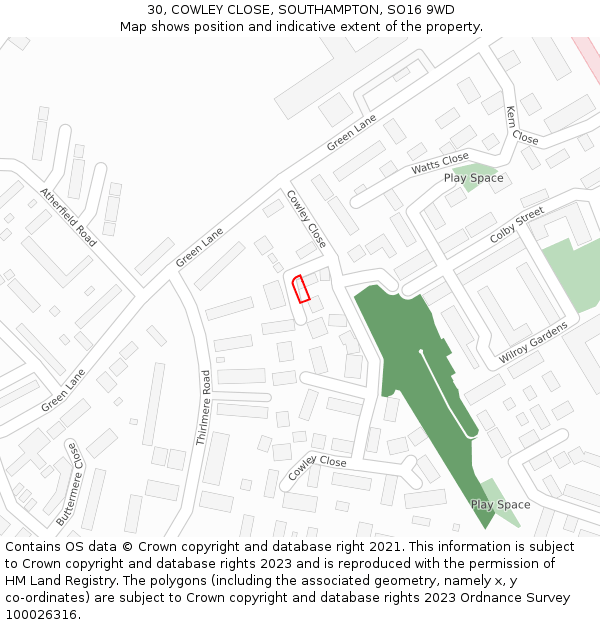 30, COWLEY CLOSE, SOUTHAMPTON, SO16 9WD: Location map and indicative extent of plot