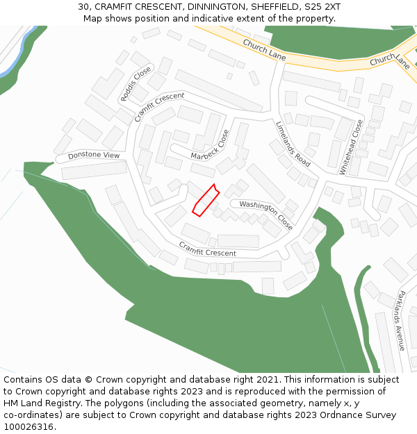 30, CRAMFIT CRESCENT, DINNINGTON, SHEFFIELD, S25 2XT: Location map and indicative extent of plot