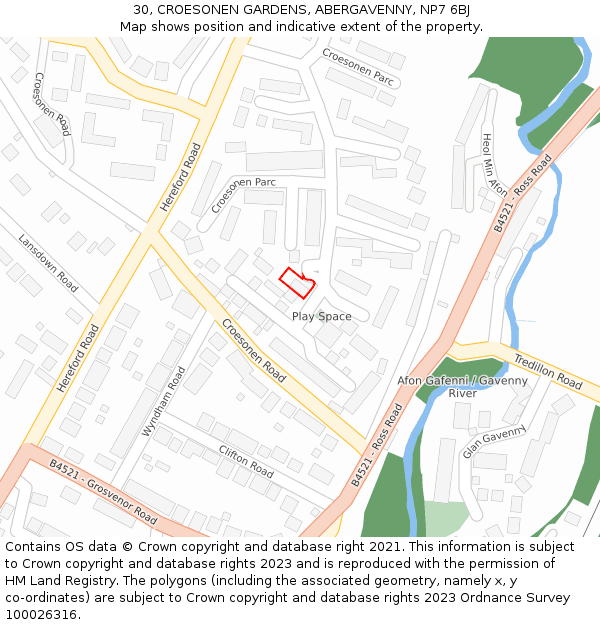 30, CROESONEN GARDENS, ABERGAVENNY, NP7 6BJ: Location map and indicative extent of plot