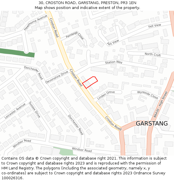 30, CROSTON ROAD, GARSTANG, PRESTON, PR3 1EN: Location map and indicative extent of plot
