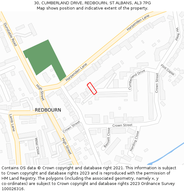 30, CUMBERLAND DRIVE, REDBOURN, ST ALBANS, AL3 7PG: Location map and indicative extent of plot