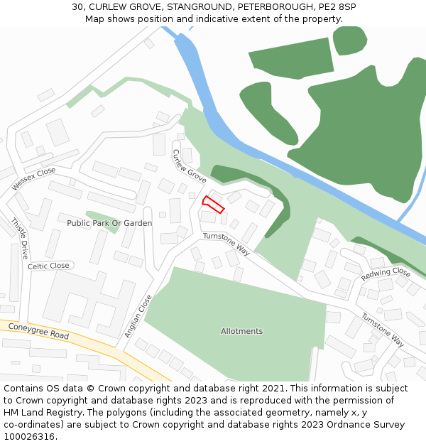 30, CURLEW GROVE, STANGROUND, PETERBOROUGH, PE2 8SP: Location map and indicative extent of plot
