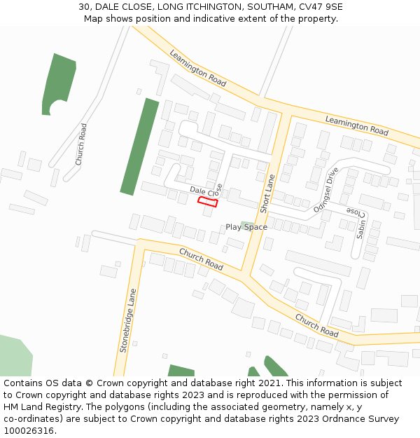 30, DALE CLOSE, LONG ITCHINGTON, SOUTHAM, CV47 9SE: Location map and indicative extent of plot