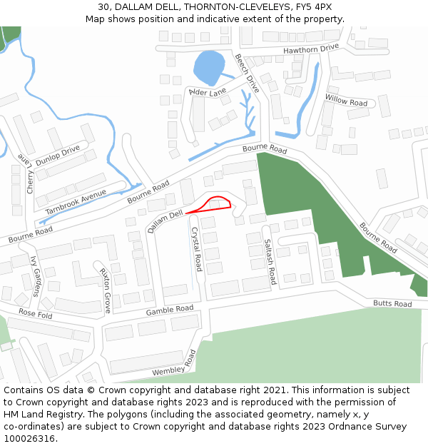 30, DALLAM DELL, THORNTON-CLEVELEYS, FY5 4PX: Location map and indicative extent of plot