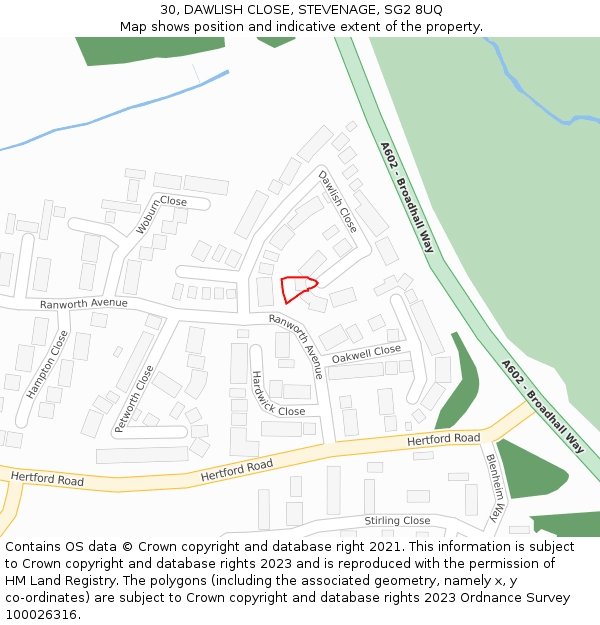 30, DAWLISH CLOSE, STEVENAGE, SG2 8UQ: Location map and indicative extent of plot