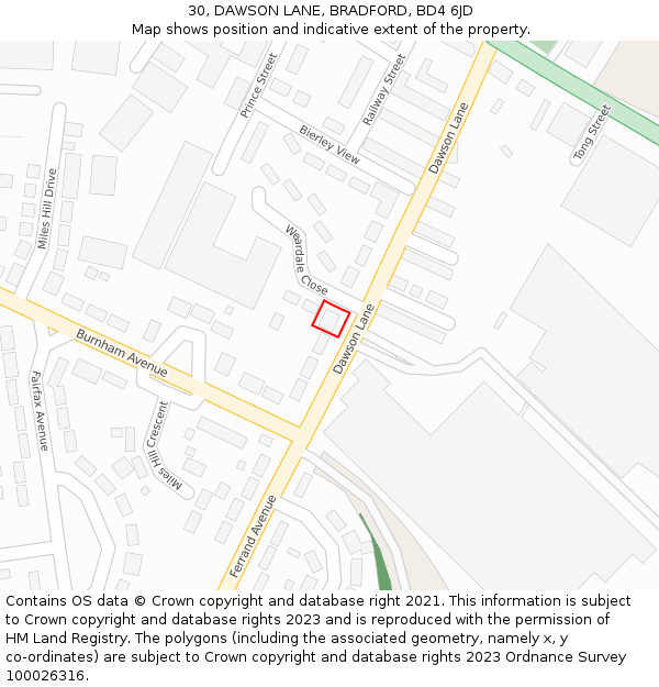 30, DAWSON LANE, BRADFORD, BD4 6JD: Location map and indicative extent of plot