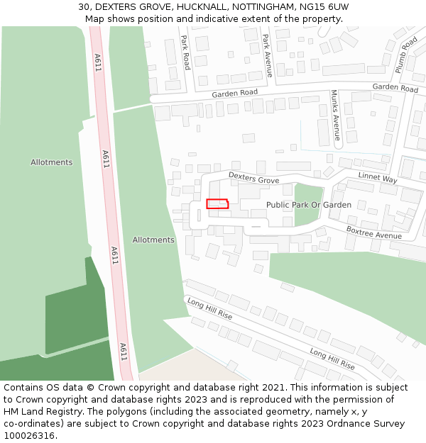 30, DEXTERS GROVE, HUCKNALL, NOTTINGHAM, NG15 6UW: Location map and indicative extent of plot