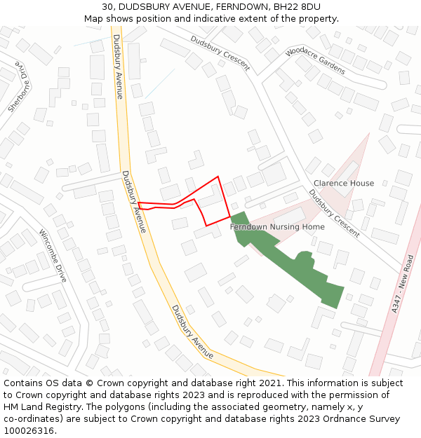 30, DUDSBURY AVENUE, FERNDOWN, BH22 8DU: Location map and indicative extent of plot