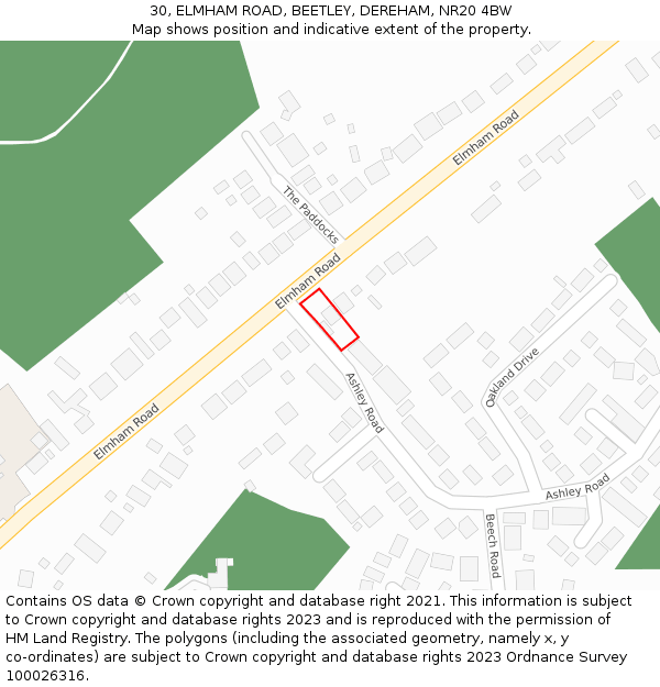 30, ELMHAM ROAD, BEETLEY, DEREHAM, NR20 4BW: Location map and indicative extent of plot