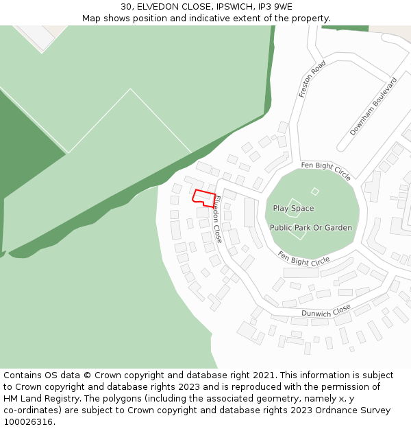 30, ELVEDON CLOSE, IPSWICH, IP3 9WE: Location map and indicative extent of plot