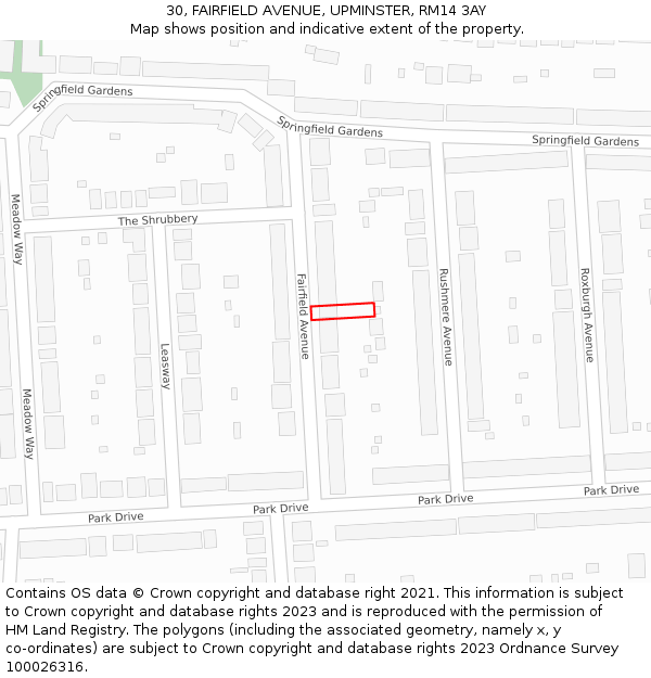 30, FAIRFIELD AVENUE, UPMINSTER, RM14 3AY: Location map and indicative extent of plot