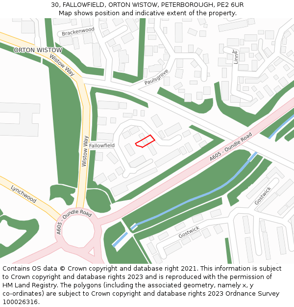 30, FALLOWFIELD, ORTON WISTOW, PETERBOROUGH, PE2 6UR: Location map and indicative extent of plot