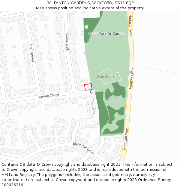 30, FANTON GARDENS, WICKFORD, SS11 8QP: Location map and indicative extent of plot