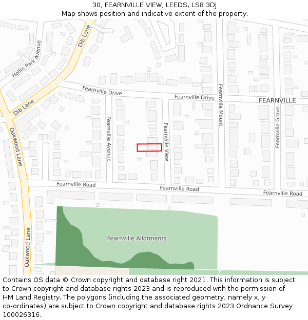 30, FEARNVILLE VIEW, LEEDS, LS8 3DJ: Location map and indicative extent of plot