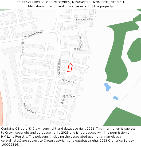 30, FENCHURCH CLOSE, WIDEOPEN, NEWCASTLE UPON TYNE, NE13 6LF: Location map and indicative extent of plot
