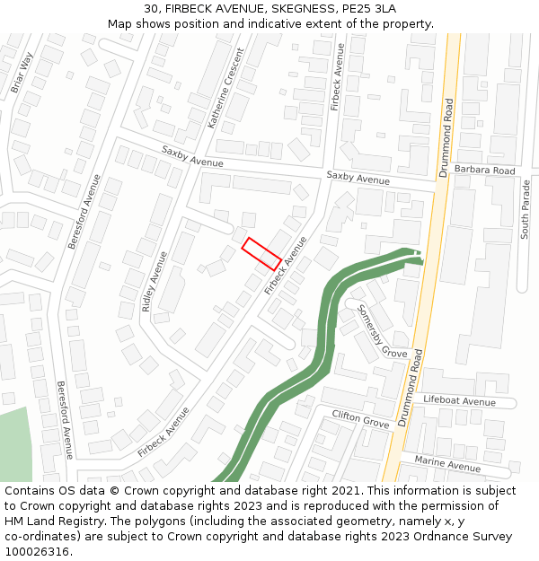 30, FIRBECK AVENUE, SKEGNESS, PE25 3LA: Location map and indicative extent of plot