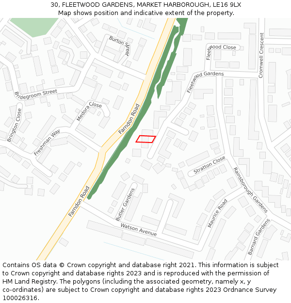 30, FLEETWOOD GARDENS, MARKET HARBOROUGH, LE16 9LX: Location map and indicative extent of plot