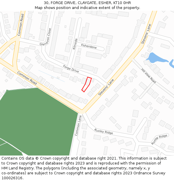 30, FORGE DRIVE, CLAYGATE, ESHER, KT10 0HR: Location map and indicative extent of plot