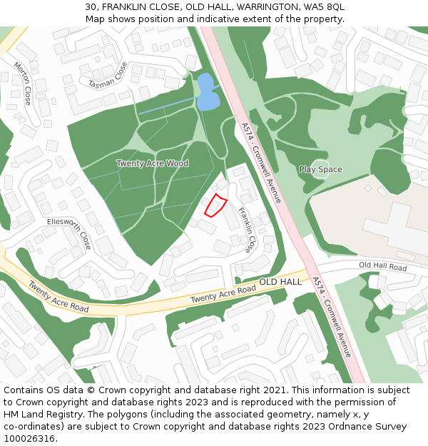 30, FRANKLIN CLOSE, OLD HALL, WARRINGTON, WA5 8QL: Location map and indicative extent of plot