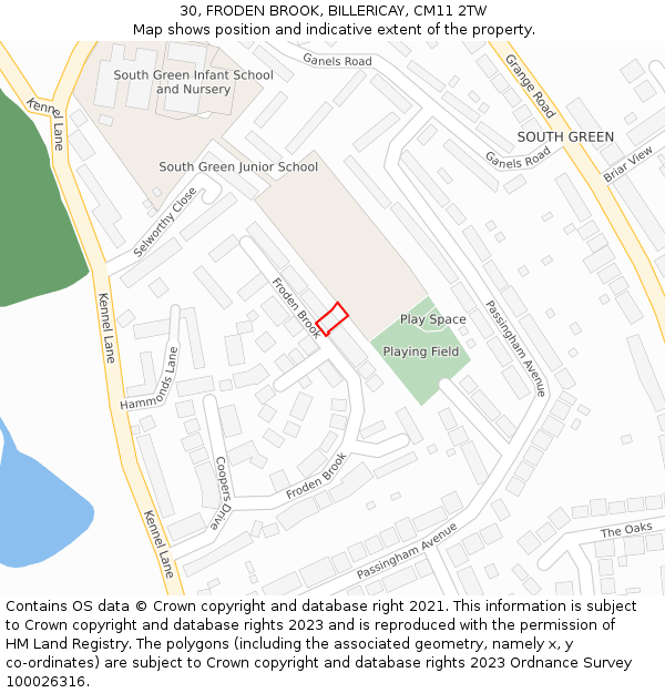 30, FRODEN BROOK, BILLERICAY, CM11 2TW: Location map and indicative extent of plot