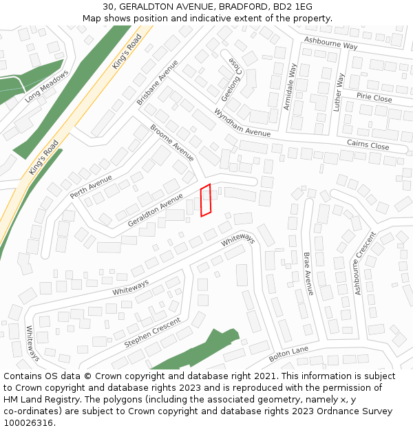 30, GERALDTON AVENUE, BRADFORD, BD2 1EG: Location map and indicative extent of plot