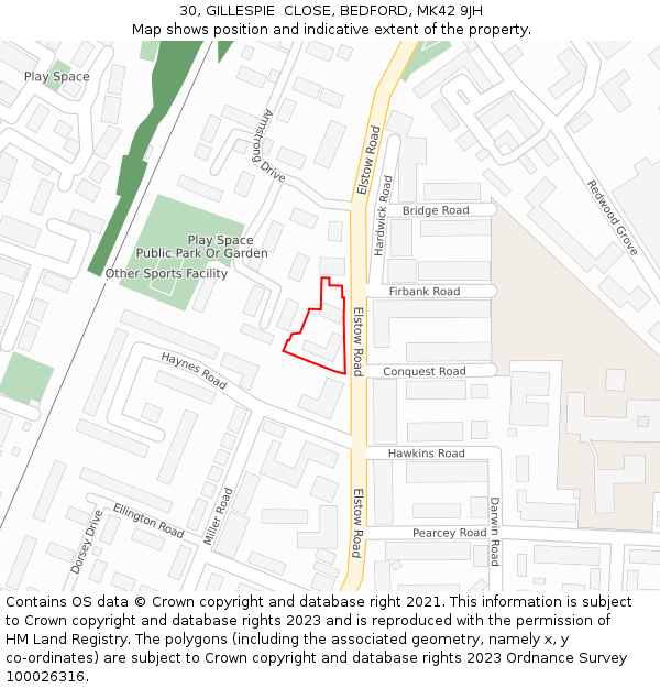 30, GILLESPIE  CLOSE, BEDFORD, MK42 9JH: Location map and indicative extent of plot