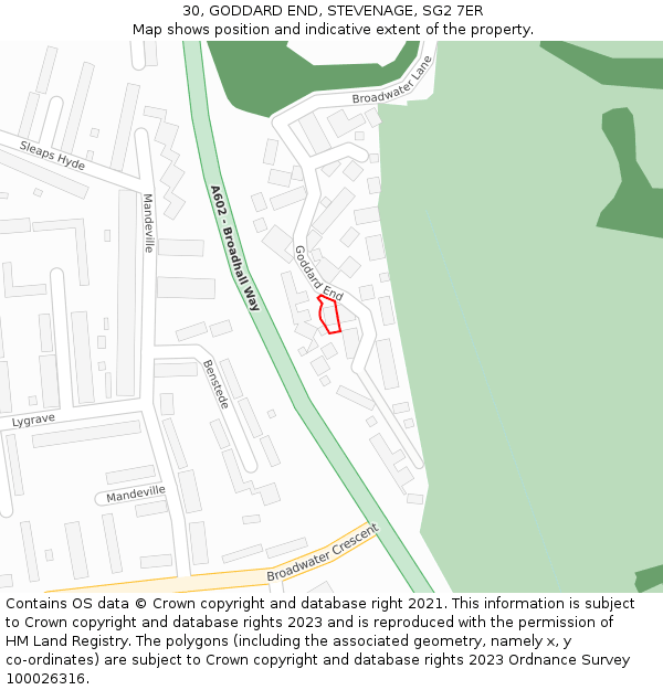 30, GODDARD END, STEVENAGE, SG2 7ER: Location map and indicative extent of plot