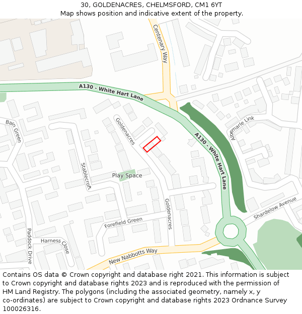 30, GOLDENACRES, CHELMSFORD, CM1 6YT: Location map and indicative extent of plot