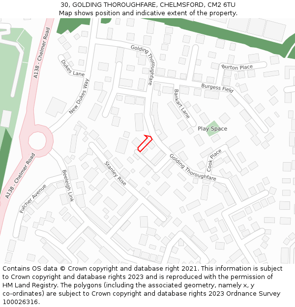 30, GOLDING THOROUGHFARE, CHELMSFORD, CM2 6TU: Location map and indicative extent of plot