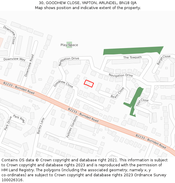 30, GOODHEW CLOSE, YAPTON, ARUNDEL, BN18 0JA: Location map and indicative extent of plot