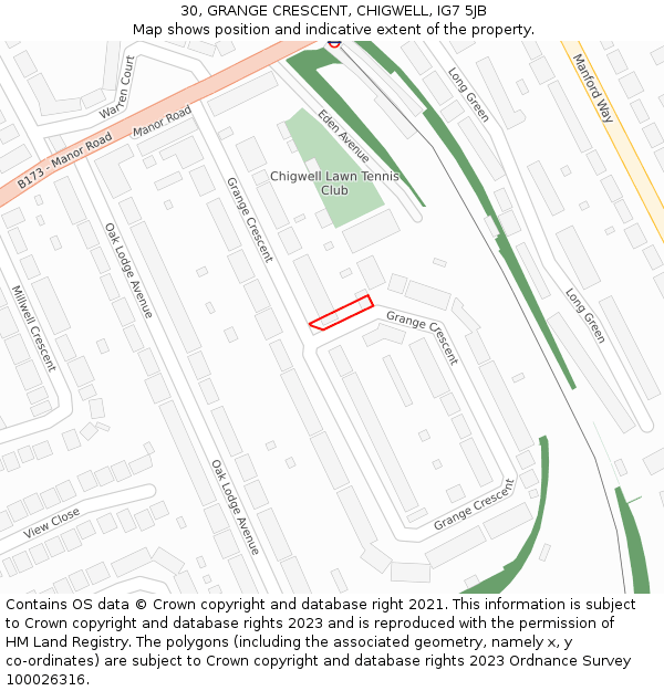 30, GRANGE CRESCENT, CHIGWELL, IG7 5JB: Location map and indicative extent of plot
