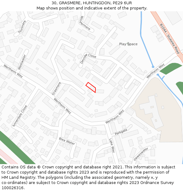 30, GRASMERE, HUNTINGDON, PE29 6UR: Location map and indicative extent of plot