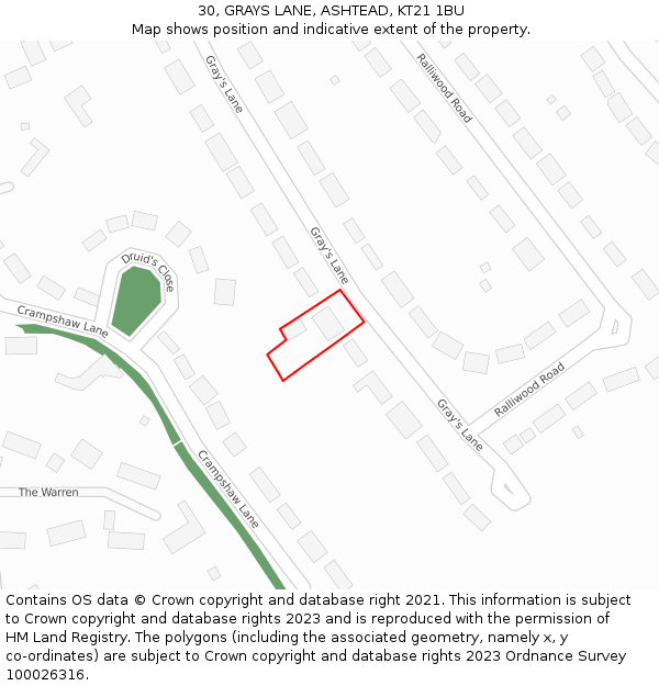 30, GRAYS LANE, ASHTEAD, KT21 1BU: Location map and indicative extent of plot