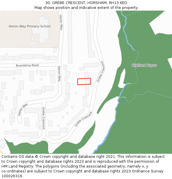 30, GREBE CRESCENT, HORSHAM, RH13 6ED: Location map and indicative extent of plot