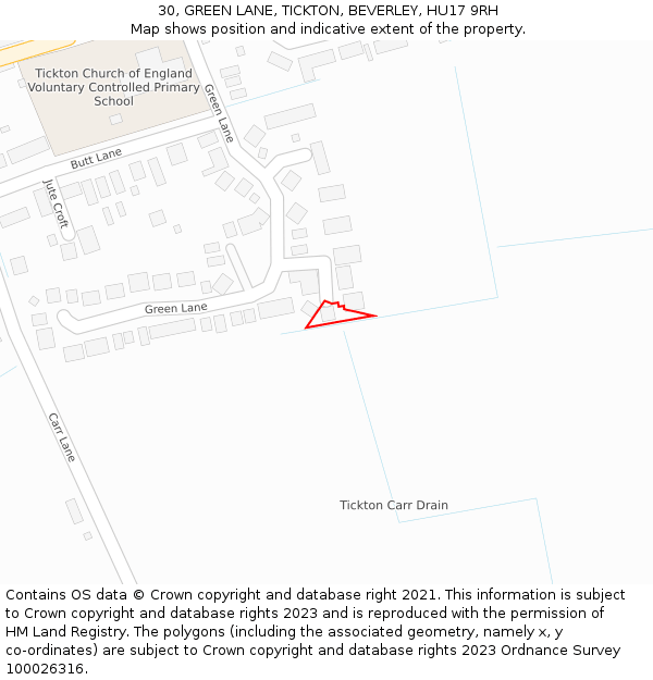 30, GREEN LANE, TICKTON, BEVERLEY, HU17 9RH: Location map and indicative extent of plot