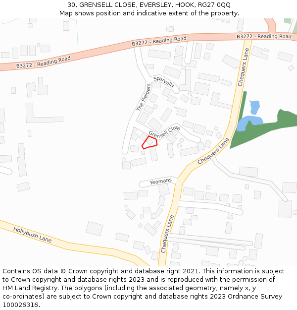 30, GRENSELL CLOSE, EVERSLEY, HOOK, RG27 0QQ: Location map and indicative extent of plot
