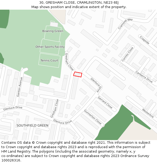 30, GRESHAM CLOSE, CRAMLINGTON, NE23 6EJ: Location map and indicative extent of plot