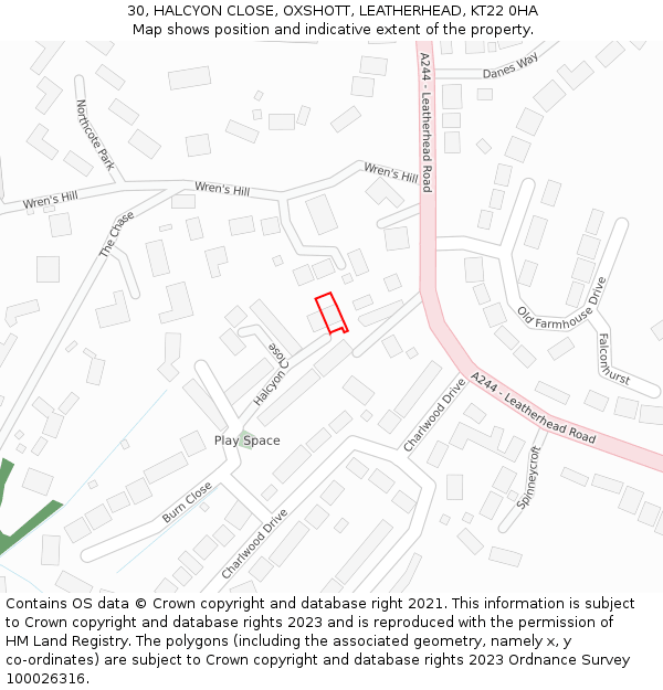 30, HALCYON CLOSE, OXSHOTT, LEATHERHEAD, KT22 0HA: Location map and indicative extent of plot