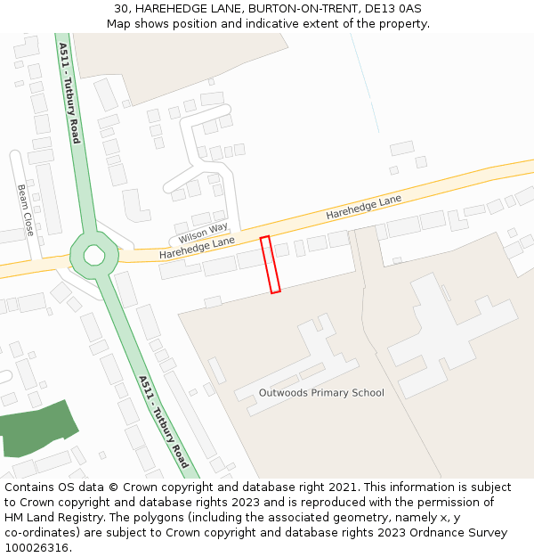 30, HAREHEDGE LANE, BURTON-ON-TRENT, DE13 0AS: Location map and indicative extent of plot