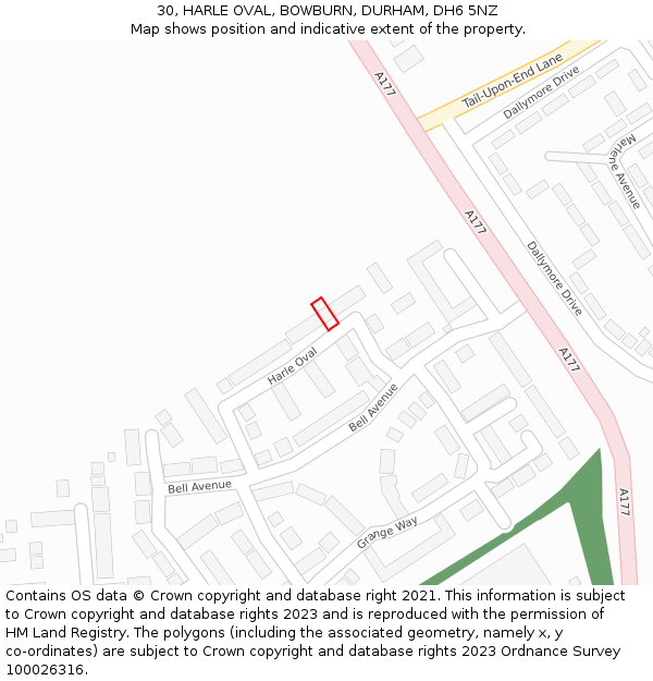30, HARLE OVAL, BOWBURN, DURHAM, DH6 5NZ: Location map and indicative extent of plot
