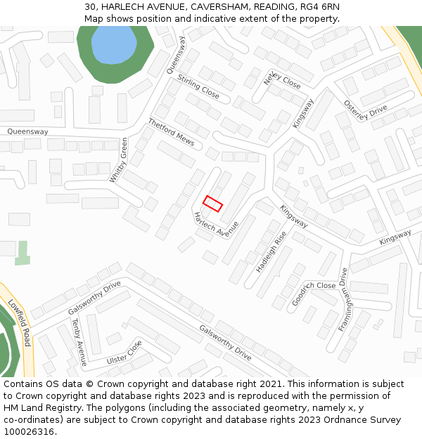 30, HARLECH AVENUE, CAVERSHAM, READING, RG4 6RN: Location map and indicative extent of plot
