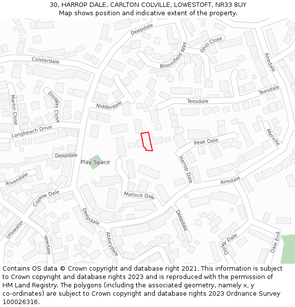 30, HARROP DALE, CARLTON COLVILLE, LOWESTOFT, NR33 8UY: Location map and indicative extent of plot