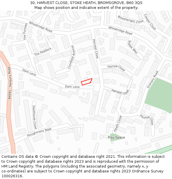 30, HARVEST CLOSE, STOKE HEATH, BROMSGROVE, B60 3QS: Location map and indicative extent of plot
