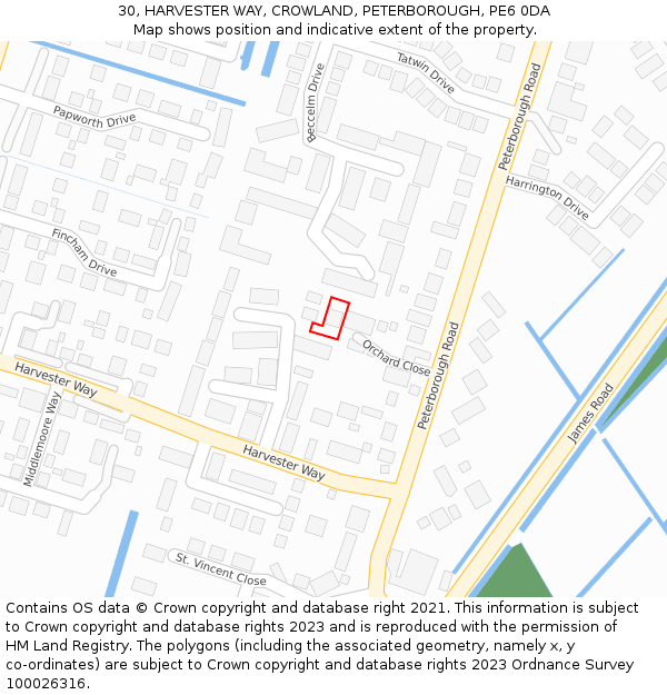 30, HARVESTER WAY, CROWLAND, PETERBOROUGH, PE6 0DA: Location map and indicative extent of plot