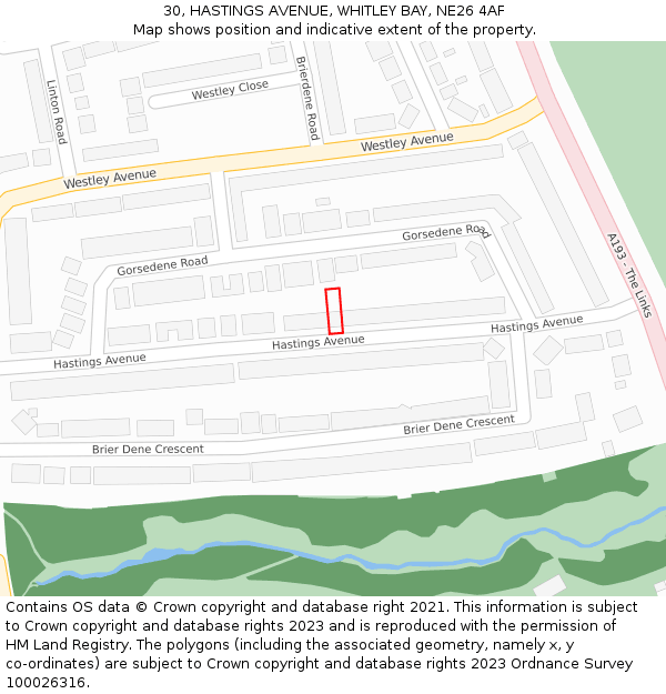 30, HASTINGS AVENUE, WHITLEY BAY, NE26 4AF: Location map and indicative extent of plot