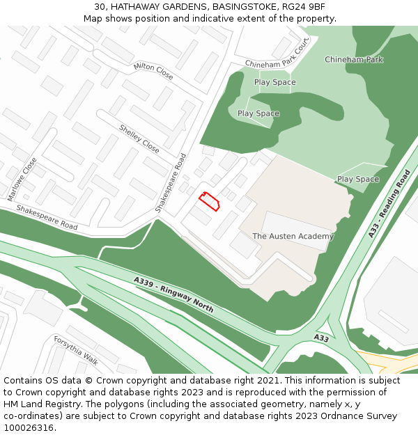 30, HATHAWAY GARDENS, BASINGSTOKE, RG24 9BF: Location map and indicative extent of plot