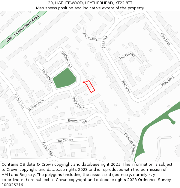 30, HATHERWOOD, LEATHERHEAD, KT22 8TT: Location map and indicative extent of plot