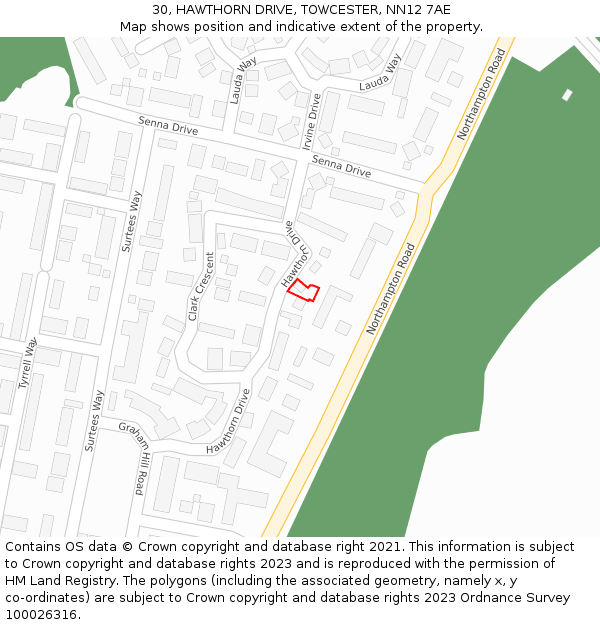 30, HAWTHORN DRIVE, TOWCESTER, NN12 7AE: Location map and indicative extent of plot
