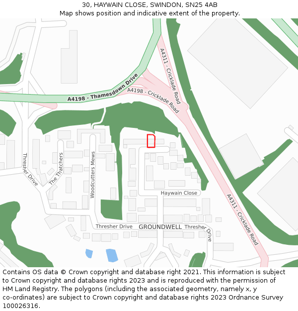 30, HAYWAIN CLOSE, SWINDON, SN25 4AB: Location map and indicative extent of plot
